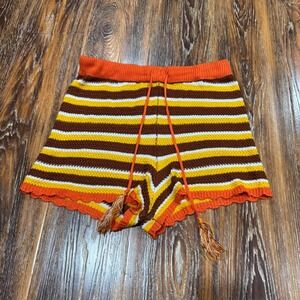 Almost Famous Womens Orange Striped Crochet Knit Tassel Drawstring Shorts Size M
